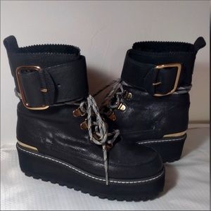 Stuart Weitzman Boots Combat Ankle Buckle Fur Shoe
